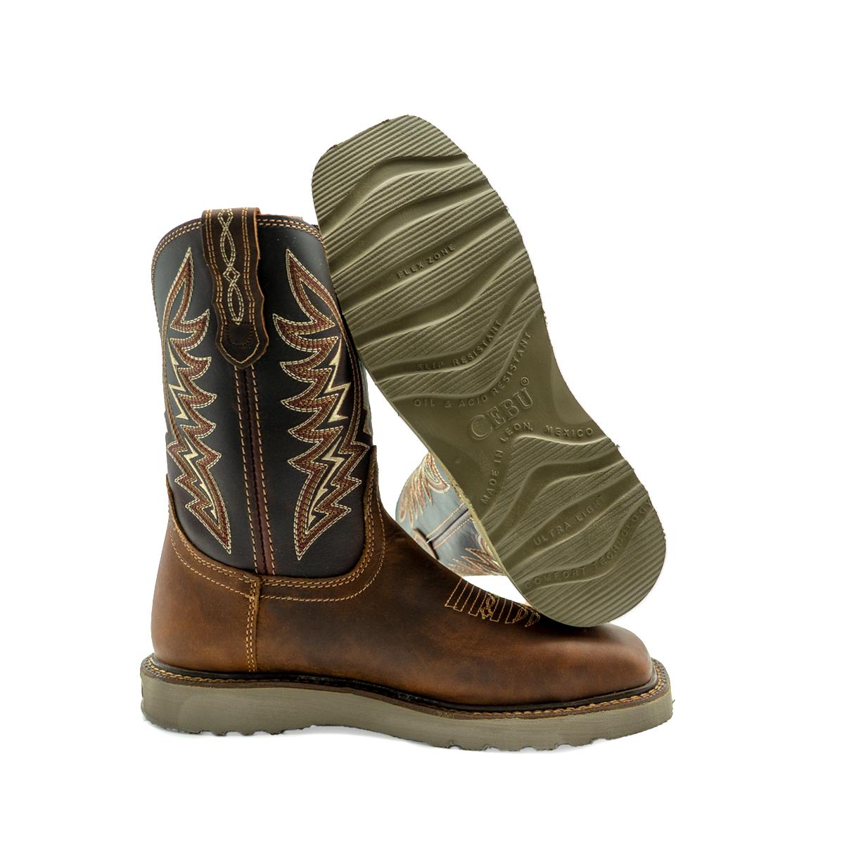 Mens ARIZONA Square Toe Safety Boots featuring brown leather upper with decorative stitching, western-style shaft design, and durable olive-colored wedge outsole positioned to show both top and bottom views of the work boot