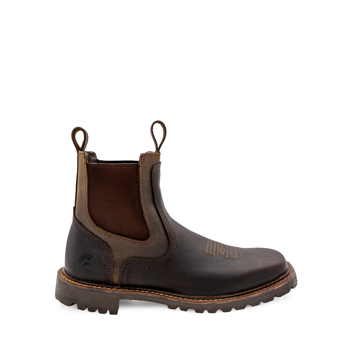 BC Track Mens Chelsea Boot featuring dark brown leather upper with elastic side panels, rugged track outsole, and pull-on loops. Work boot with lightweight design and mid-duty construction, showcasing contrast stitching and durable materials for comfortable wear.