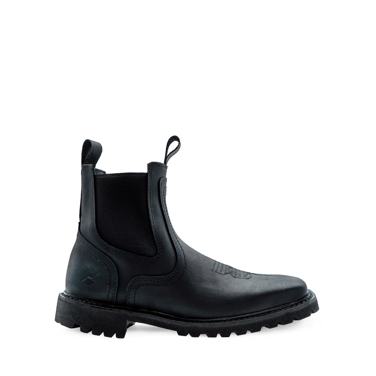 BC Track Mens Chelsea Boot in black leather with elastic side panels, featuring a rugged track outsole, pull-on loop, and sleek silhouette ideal for mid-duty work environments. Classic slip-on design with durable construction for workplace comfort and protection.