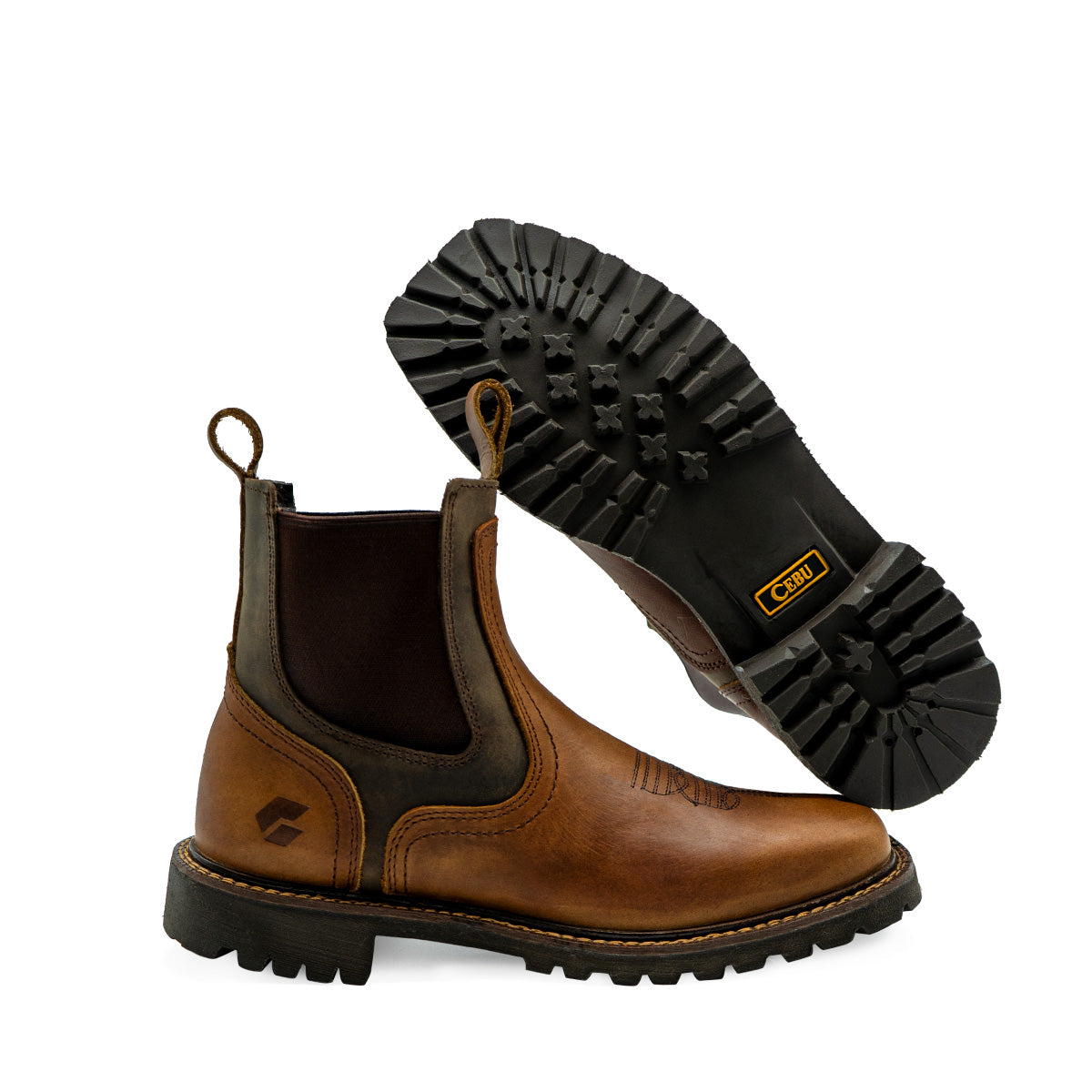 BC Track Mens Chelsea Boot featuring rich brown leather upper, dark elastic side panels, rugged black track outsole, and pull-on design. Side view showcases durable construction with textured lug sole pattern and classic boot silhouette for work-ready performance.