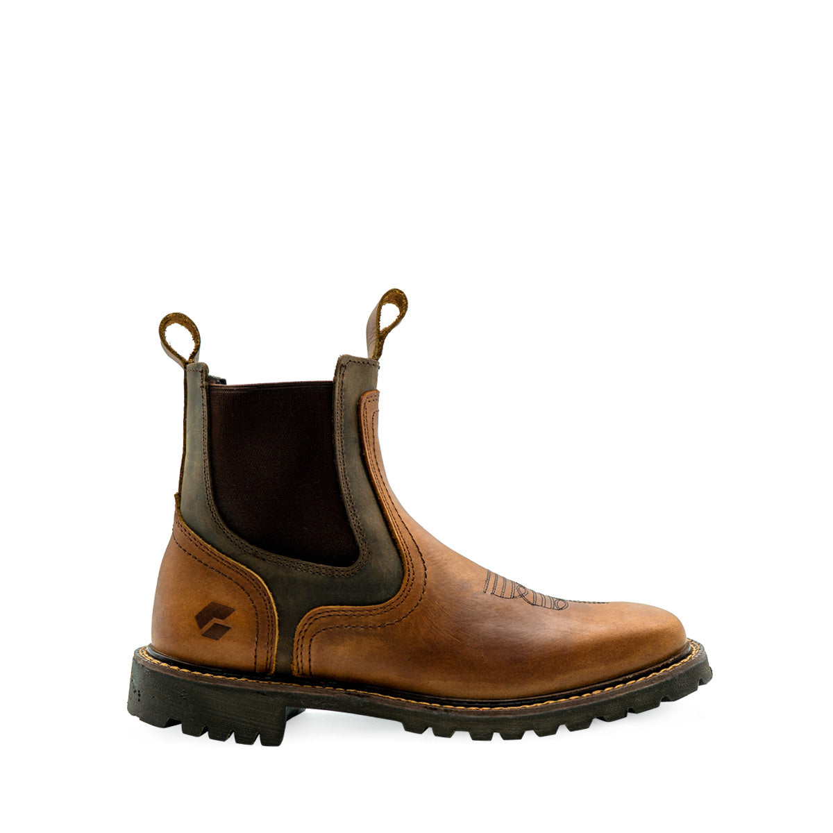 BC Track Mens Chelsea Boot featuring brown leather upper with dark olive accents, elastic side panels, pull tabs, and rugged track outsole. Classic western-inspired design with durable construction for mid-duty work performance.